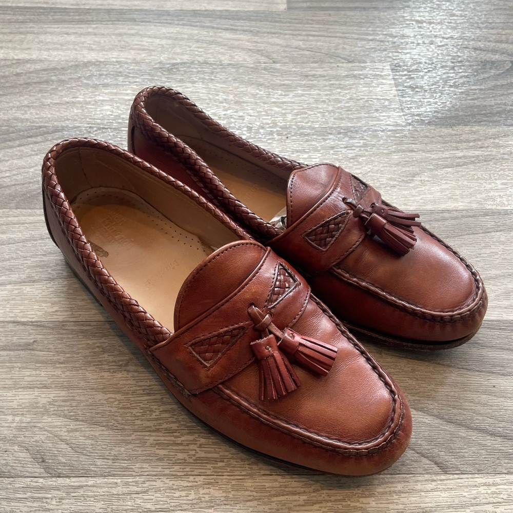 Allen Edmonds brown Leather Tassel Loafers with Braided Trim mens size 9 casual